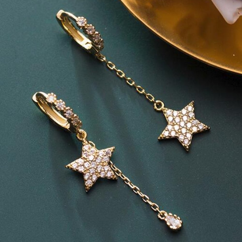 NEW Gold Diamond Star Waterdrop Hoop Earrings